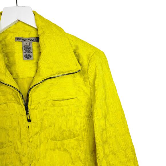 SHARON YOUNG Citrus Chartreuse Crinkle Zip Front Jacket Blazer - Size Small - Picture 3 of 5